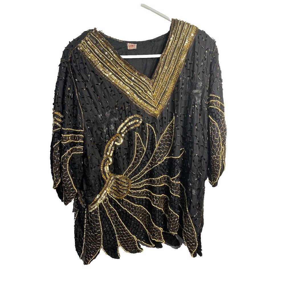 G UNIT womens vintage shirt size XL‎ extra large black gold beaded v neck